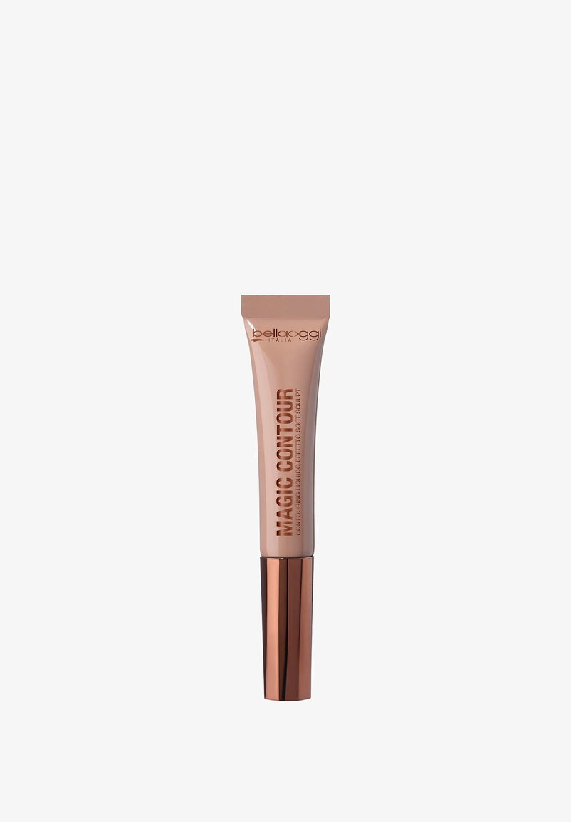 Makeup contorno liquido Bellaoggi Italia Magic Contour in tubetto beige con cappuccio in bronzo metallico su sfondo bianco.