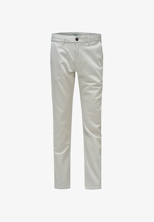 Pantalones ajustados de color beige claro con trabillas para cinturón, botón frontal y bolsillos laterales, mostrados sobre un fondo blanco.