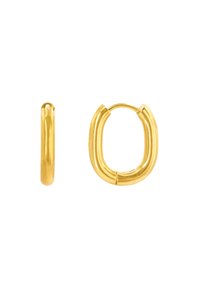 Goldfarbene Metallohrringe in Form von glatten, runden Kreisen mit einem einfachen Verschlussdesign. Ein Ohrring ist aus Seiten- und Frontalansicht dargestellt.