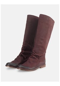 Bottes en cuir bourgogne montantes avec un design décontracté, texture lisse, semelles en caoutchouc noires et un capuchon de orteil contrastant.