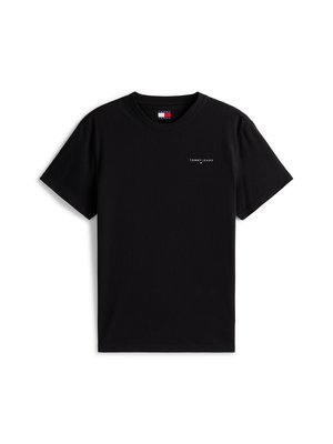 Black cotton T-shirt with short sleeves, crew neck, and a small white "TOMMY/JEANS" logo on the front. Soft texture, classic fit.