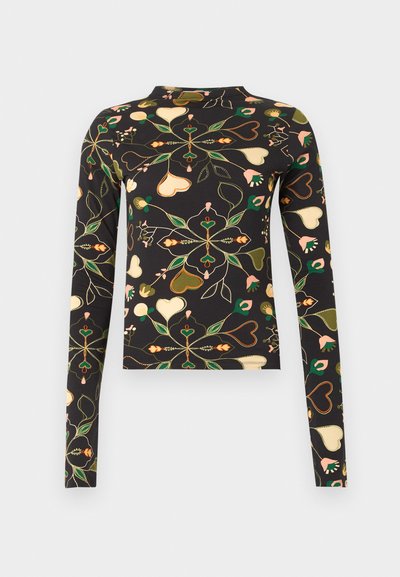 Μαύρο στενό τοπ με μακριά μανίκια, διακοσμημένο με συμμετρικά λουλουδένια και καρδιόσχημα μοτίβα σε αποχρώσεις πράσινου, μπεζ, ροζ και πορτοκαλί.