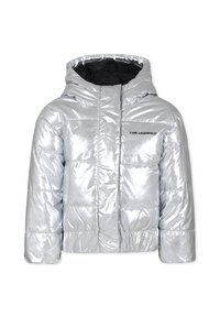 Giacca puffer argentata con finitura metallica lucida, cappuccio e rivestimento interno nero. Presenta un logo sul petto e un design trapuntato.
