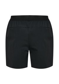 Zwarte sport shorts van een gladde stof, met een elastische tailleband en twee achterzakken. Ontworpen voor comfort en bewegingsvrijheid.