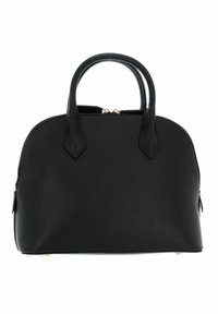 Sac à main noir structuré avec une texture lisse, un dessus incurvé, des poignées doubles et des accents de fermeture éclair en ton doré. Base carrée avec pieds de protection.