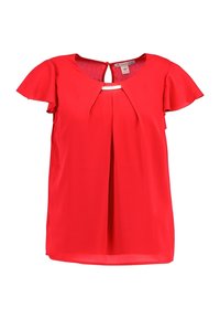 Rød bluse med korte ærmer og nøglehulslukning, med et plisseret frontdesign. Fremstillet af letvægtsstof med en glat tekstur.