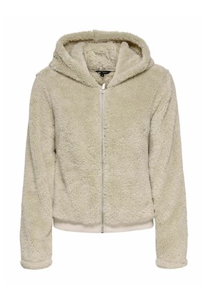 Šviesiai smėlinis zip-up džemperis, pagamintas iš purios medžiagos, su gobtuvu ir raukšlėmis ant rankovių bei apatinės dalies. Minkšta tekstūra, be matomų raštų ar akcentų.