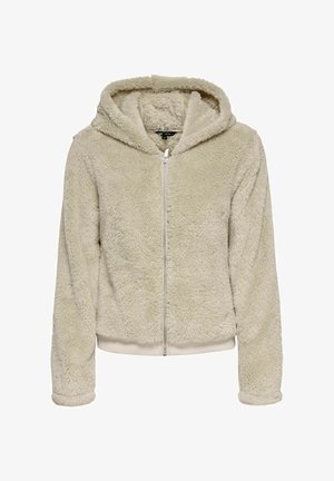 Vaalean beige vetoketjuhuppari, joka on valmistettu pehmeästä materiaalista ja jossa on huppu sekä ribbaus hihansuissa ja helmassa. Pehmeä rakenne ilman näkyviä kuvioita tai korostuksia.