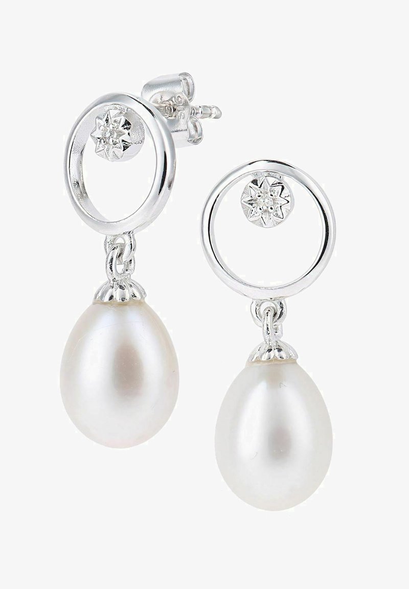 Drop earrings featuring a circular silver design, with a pearl pendant and a floral accent at the top. High polish finish, elegant and smooth texture.