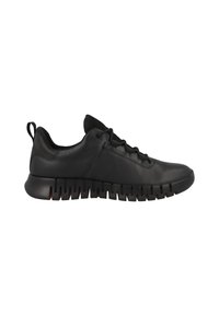 Black leather sneakers with a textured finish, featuring a lace-up design and a chunky, ridged black rubber sole for traction.