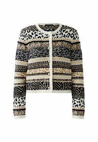 Strickjacke mit einer Mischung aus Tier- und geometrischen Mustern in Schwarz, Beige und Creme, mit Rundhalsausschnitt und Knopfverschluss.