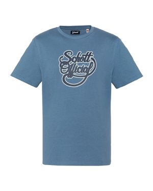 Blå T-shirt med korte ærmer og rund hals, med hvidt og mørkeblåt "Schott Official" logo i kursiv midt på fronten.