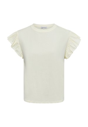 Light yellow short-sleeve top with ruffled accents on shoulders, round neckline, and smooth cotton fabric. Regular fit.