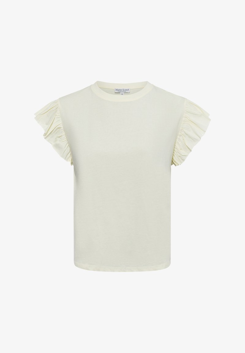 Light yellow short-sleeve top with ruffled accents on shoulders, round neckline, and smooth cotton fabric. Regular fit.