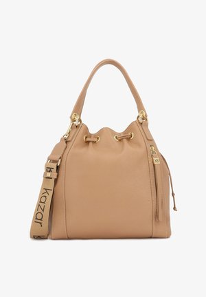 Hnědá kožená kabelka se zlatým kováním, horním madlem, stahovací šňůrkou a odnímatelným béžovým popruhem s logem "Kazar".