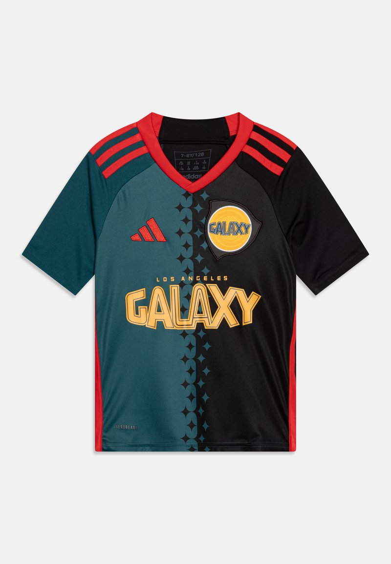 Maillot de soccer pour enfants avec une combinaison de couleurs teal et noir, accents rouges, col en V et logo "GALAXY" en jaune. Fabriqué en matériau synthétique.