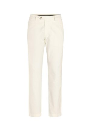 Witte rechte broek met knoop- en ritssluiting, riemlussen en een clean, simpel ontwerp, getoond tegen een effen achtergrond.