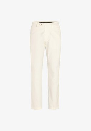 Pantaloni bianchi a gamba dritta con chiusura a bottone e zip, passanti per cintura e un design pulito e semplice mostrati su uno sfondo semplice.