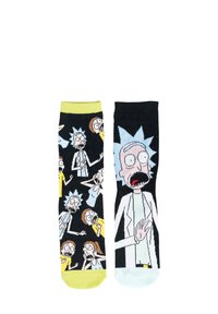 Calzini di cotone con sfondo nero a sinistra, caratterizzati da personaggi animati, e una calza destra nera solida con l'illustrazione di un personaggio.