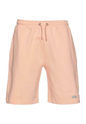 Svijetloružičaste pamučne kratke hlače s elastičnim pojasom, vezicom i crnim logotipom na donjoj lijevoj strani. Glatka tekstura, dizajn do koljena.