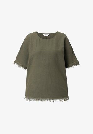 Oliwkowo-zielona bluzka z krótkim rękawem, okrągłym dekoltem oraz frędzlami na krawędziach rękawów i dołu.