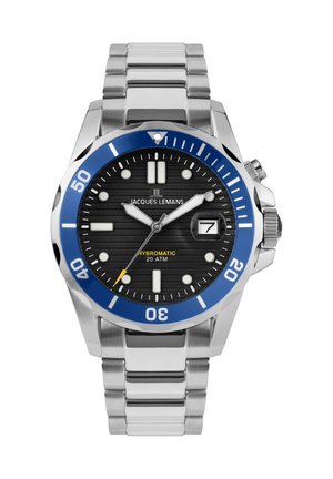 Stainless steel watch with a black textured dial, blue bezel, luminescent markers, and date display at 3 o'clock; water-resistant to 20 ATM.