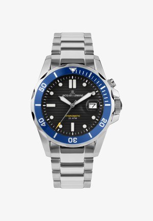 Edelstahl-Armbanduhr mit schwarzem strukturiertem Zifferblatt, blauer Lünette, leuchtenden Indizes und Datumsanzeige bei 3 Uhr; wasserdicht bis 20 ATM.