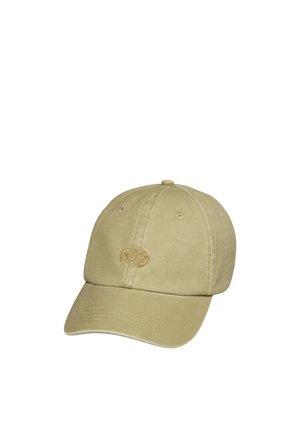 Beige Baseballkappe mit gebogenem Schirm und abgesteppten Belüftungslöchern oben, mit dezent gesticktem Logo auf dem Frontpanel.