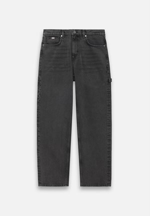 Dark gray denim pants with a straight-leg design, five-pocket style, and a visible button and zipper closure. Features minimal detailing.