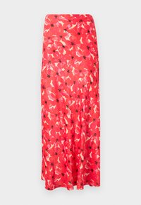 Lange, vloeiende rok van lichtgewicht stof, met een levendig rood bloemenpatroon met zwarte accenten en een gladde, zachte textuur.