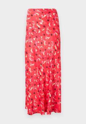 Lange, vloeiende rok van lichtgewicht stof, met een levendig rood bloemenpatroon met zwarte accenten en een gladde, zachte textuur.