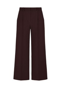 Pantalons amples marron foncé avec plis sur le devant, passants de ceinture et fermeture dissimulée à la taille, présentés sur un fond blanc.