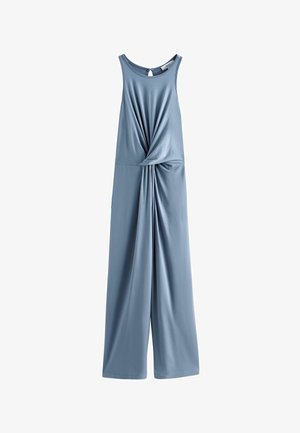 Mouwloze blauwe jumpsuit met een ronde halslijn en een gedraaide knoopdetail in de taille, met wijde broekspijpen.