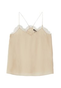 Nude camisole dengan tali tipis, dilengkapi dengan hiasan renda berkerut di sepanjang garis leher dan pinggir, terbuat dari kain ringan yang semi-transparan.