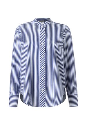 Blau-weiß gestreiftes Langarmhemd mit vertikalen Streifen, Knopfleiste und rundem Kragen, mit horizontalen Streifen an Manschetten und Knopfleiste.