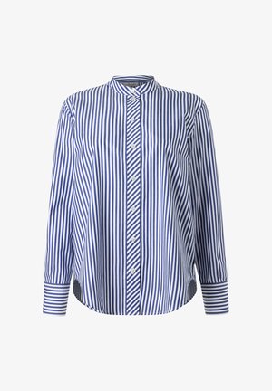 Blue and white vertically striped long-sleeve shirt with button-down front and round collar, featuring horizontal stripes on cuffs and placket.