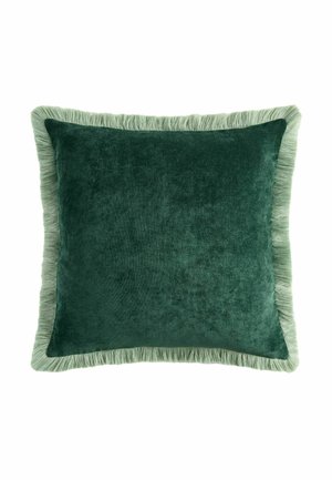 Square dark green velvet cushion with light green fringe trim on a white background.