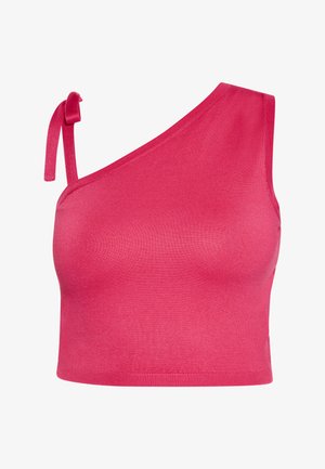 Egyszermellű, élénk rózsaszínű, cropped felső, bordázott anyagból készült. A vállnál megkötő rész található, és az alakhoz illeszkedő dizájn jellemzi.