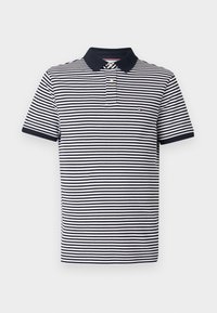 Navy and white striped polo shirt with a classic collar, short sleeves, and a small embroidered logo on the chest. Soft cotton material.