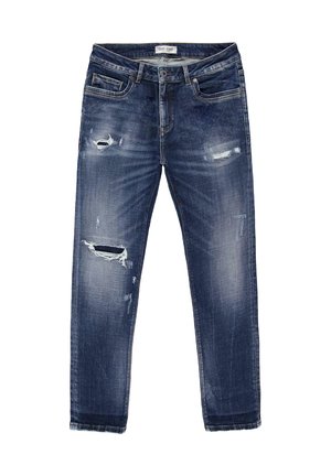 Blaue Jeans aus Denim mit lockerer Passform, featuring Used-Effekte und Ausbleichungen. Klassisches Fünf-Taschen-Design und gerader Beinschnitt.