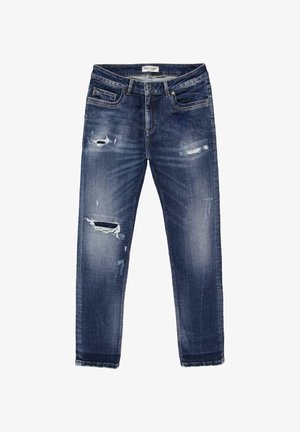 Blaue Jeans aus Denim mit lockerer Passform, featuring Used-Effekte und Ausbleichungen. Klassisches Fünf-Taschen-Design und gerader Beinschnitt.