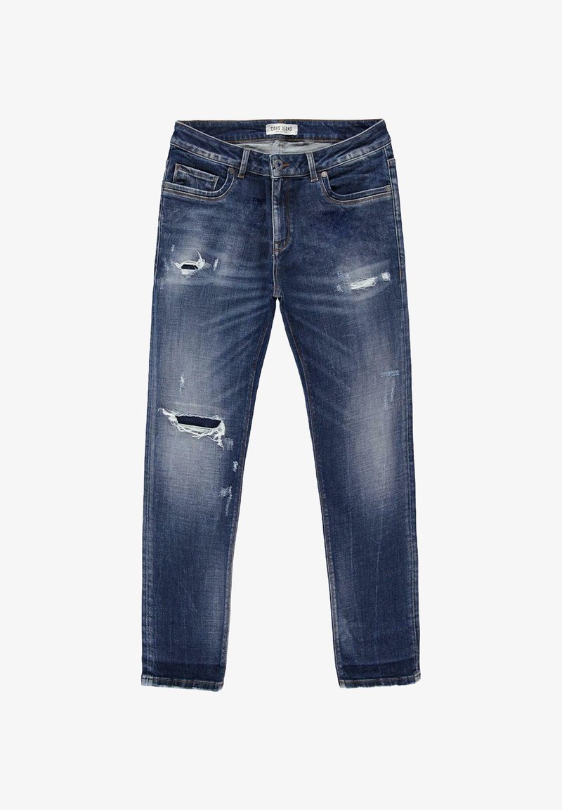 Blauwe spijkerbroek met een ontspannen pasvorm, voorzien van versleten details en vervaging. Klassiek vijf-pocket ontwerp en een rechte pijp.