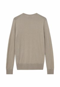 Beżowy sweter z długim rękawem i dekoltem w serek. Posiada ściągacze przy mankietach i u dołu, gładką fakturę oraz prosty design bez dodatkowych zdobień.