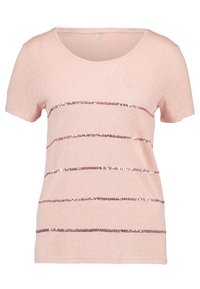 Różowy t-shirt z krótkim rękawem, okrągłym dekoltem i poziomymi paskami z cekinów na przodzie. Miękka faktura i luźny krój.