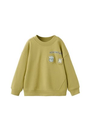Sweat-shirt en coton vert avec un col rond, des épaules tombantes et une impression "ADVENTURE". Comprend un écusson brodé et un détail de design de carte.