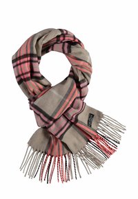 Beige tørklæde med pink og sort plaid-mønster. Har frynser i kanten og et mærke. Fremstillet af et blødt materiale, der tilbyder varme og komfort.