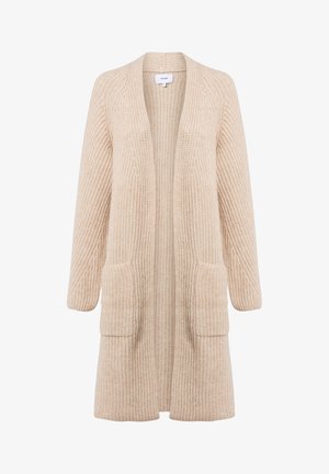Beige langer gestrickter Cardigan mit offenem Vorderteil, langen Ärmeln, zwei vorderen aufgesetzten Taschen und strukturiertem Rippmuster.
