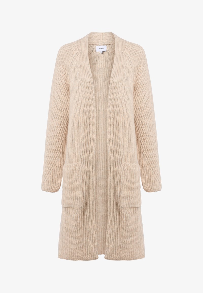 Beige lange gebreide cardigan met open voorkant, lange mouwen, twee voorzakken en een textuur ribpatroon.