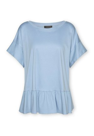 Hellblaue Bluse mit kurzen Ärmeln, rundem Ausschnitt und gerafftem Saum am unteren Rand, lockere Passform, ohne Muster oder Verzierungen.