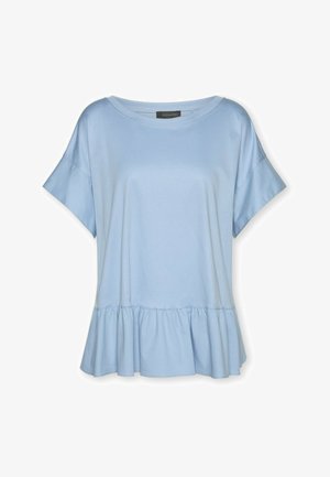 Lichtblauw shirt met korte mouwen, ronde halslijn en gerimpelde zoomdetail aan de onderkant, losse pasvorm, zonder patronen of versieringen.